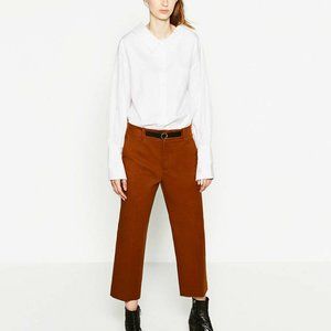 NWT ZARA Front Buckle  Cotton Trousers Mid-Rise Crop Toffee Pants. M